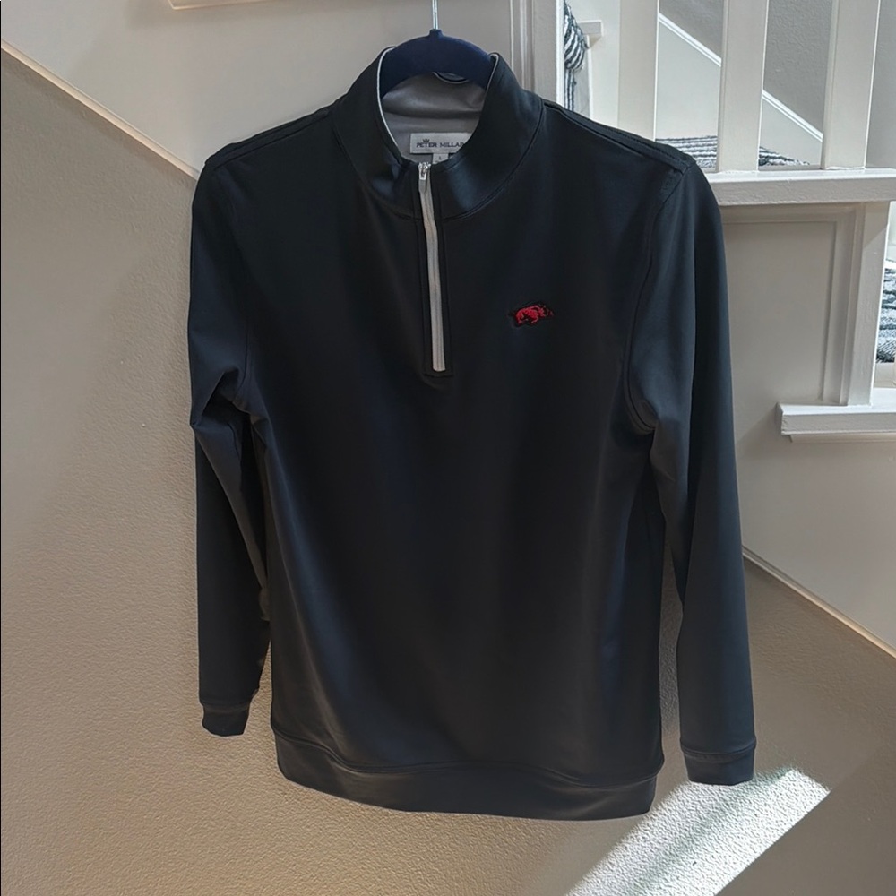Boys Arkansas Peter Millar Black Quarter-Zip Pullover with Red Embroidered Logo